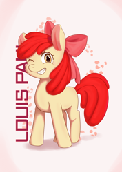 Size: 4092x5787 | Tagged: safe, artist:nc131, apple bloom, earth pony, pony, g4, adorabloom, cute, female, filly, foal, grin, one eye closed, smiling, solo, text, wink
