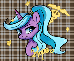 Size: 1011x847 | Tagged: safe, artist:brella, idw, radiant hope, crystal pony, crystal unicorn, pony, unicorn, g4, abstract background, alternate hairstyle, bust, female, horn, looking at you, mare, ponytail, portrait, scrunchie, solo