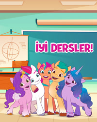 Size: 1080x1350 | Tagged: safe, hitch trailblazer, izzy moonbow, pipp petals, sunny starscout, zipp storm, earth pony, pegasus, pony, unicorn, g5, official, chalkboard, classroom, female, male, mane five, mare, stallion, translated in the comments, turkish, unshorn fetlocks