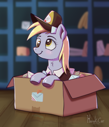 Size: 1800x2100 | Tagged: safe, artist:harukiicat, derpy hooves, pegasus, pony, g4, box, clothes, cute, female, hat, mail, mailmare, pony in a box, post office, shading, smiling, solo