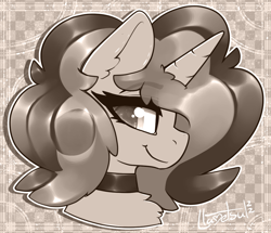 Size: 1026x882 | Tagged: safe, artist:llametsul, oc, oc only, oc:creme cookie, pony, unicorn, bust, choker, looking at you, monochrome, portrait, signature, smiling, smiling at you, solo