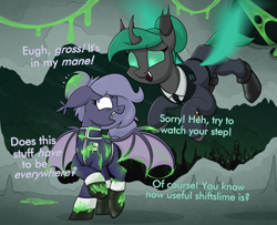Size: 2944x2389 | Tagged: safe, artist:moonatik, oc, oc only, oc:selenite, unnamed oc, bat pony, changeling, pony, new lunar millennium, alternate timeline, bat pony oc, boots, changeling hive, changeling oc, changeling slime, city, cityscape, clothes, covered, dialogue, disgusted, fangs, female, flying, green changeling, grossed out, hair bun, high res, mare, messy mane, military pony, military uniform, necktie, nightmare takeover timeline, raised hoof, shirt, shoes, spread wings, tail, tail bun, uniform, walking, wings
