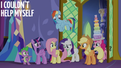 Size: 1920x1080 | Tagged: safe, edit, edited screencap, editor:quoterific, screencap, applejack, fluttershy, pinkie pie, rainbow dash, rarity, spike, twilight sparkle, alicorn, dragon, earth pony, pegasus, pony, unicorn, castle sweet castle, g4, season 5, cake, food, mane seven, mane six, twilight sparkle (alicorn), twilight's castle