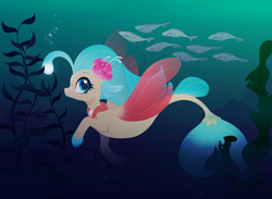 Size: 4105x3000 | Tagged: safe, artist:belka-sempai, princess skystar, fish, seapony (g4), g4, my little pony: the movie, blue eyes, blue mane, bubble, crepuscular rays, digital art, dorsal fin, female, fin wings, fins, fish tail, flower, flower in hair, flowing mane, flowing tail, freckles, glowing, high res, jewelry, necklace, ocean, pearl necklace, seaweed, smiling, solo, swimming, tail, underwater, water, wings