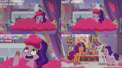 Size: 4400x2475 | Tagged: safe, edit, edited screencap, editor:quoterific, screencap, pipp petals, sunny starscout, zipp storm, earth pony, pegasus, pony, alicorn issues, g5, my little pony: tell your tale, spoiler:g5, spoiler:my little pony: tell your tale, spoiler:tyts01e14, drama queen pipp, female, glitter, mane stripe sunny, mare, trio