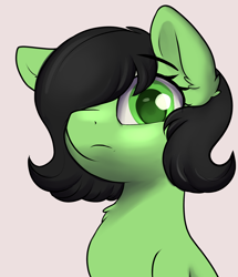 Size: 1888x2200 | Tagged: safe, artist:dumbwoofer, oc, oc:filly anon, earth pony, pony, bust, chest fluff, ear fluff, eyebrows, female, filly, foal, hair over one eye, looking at you, looking down, looking down at you, raised eyebrow, simple background, solo