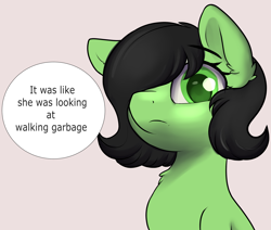 Size: 2600x2200 | Tagged: safe, artist:dumbwoofer, oc, oc:filly anon, earth pony, pony, bust, chest fluff, ear fluff, eyebrows, female, filly, foal, hair over one eye, high res, looking at you, looking down, looking down at you, raised eyebrow, simple background, solo, text