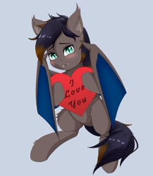 Size: 1775x2048 | Tagged: safe, artist:nihithebrony, oc, oc only, oc:black night, bat pony, bat pony oc, bat wings, ear fluff, fangs, heart, i love you, male, multicolored hair, multicolored mane, slit pupils, solo, wings