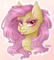 Size: 1920x2136 | Tagged: safe, artist:sk-ree, fluttershy, bat pony, pony, g4, bat ponified, bust, chest fluff, colored eyebrows, colored eyelashes, cutie mark on cheek, ear fluff, ear tufts, fangs, female, flutterbat, looking at you, mare, portrait, race swap, red eyes, solo, tongue out