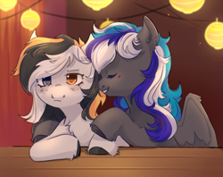 Size: 1171x927 | Tagged: safe, artist:keplera, oc, oc only, oc:flaming dune, oc:storm cloud river's, pegasus, pony, blushing, bust, cute, duo, duo female, eyes closed, female, freckles, heterochromia, hug, lantern, looking at you, mare, multicolored mane, oc x oc, paper lantern, partially open wings, pegasus oc, shipping, sitting, smiling, smug, table, wings