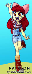 Size: 1485x3367 | Tagged: safe, artist:shadowhawx, apple bloom, human, equestria girls, g4, boots, bow, clothes, cowboy boots, denim, female, hair bow, jeans, overall shorts, overalls, pants, raised hand, shirt, shoes, short jeans, solo, t-shirt