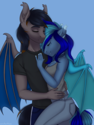 Size: 1620x2160 | Tagged: safe, artist:enderbee, oc, oc only, oc:black night, oc:moonlight selene, bat pony, anthro, anthro oc, bat pony oc, bat wings, bra, bra strap, clothes, collar, cuddling, denim, duo, ear fluff, eyes closed, female, hand on chest, hand on shoulder, hands behind back, holding, jeans, male, multicolored hair, multicolored mane, multicolored tail, oc x oc, pants, shipping, shirt, shorts, straight, t-shirt, tail, tank top, underwear, wings