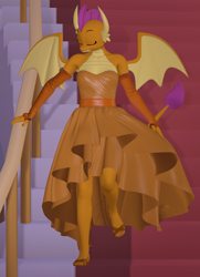 Size: 780x1080 | Tagged: safe, artist:php170, smolder, dragon, anthro, g4, 3d, beauty and the beast, clothes, crossover, cute, daaaaaaaaaaaw, disney, disney princess, dragoness, dress, eyes closed, female, flats, happy, legs, legs in air, nexgen, older, older smolder, princess smolder, raised leg, shoes, smiling, smolder also dresses in style, smolderbetes, solo, source filmmaker, spread wings, stairs, tail, walking, wings