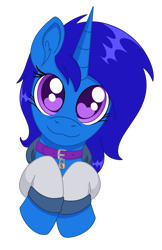 Size: 781x1204 | Tagged: safe, artist:dyonys, oc, oc only, oc:delly, pony, unicorn, clothes, collar, commission, cute, hoodie, looking at you, simple background, smiling, solo, transparent background