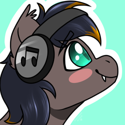 Size: 2048x2048 | Tagged: safe, artist:anxioussartist, oc, oc only, bat pony, bat pony oc, blushing, bust, ear fluff, fangs, green background, headphones, high res, music notes, outline, portrait, simple background, slit pupils, solo, white outline
