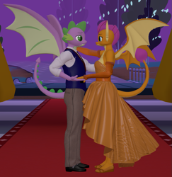 Size: 1051x1080 | Tagged: safe, artist:php170, smolder, spike, dragon, anthro, g4, 3d, beauty and the beast, clothes, couple, crying, cute, daaaaaaaaaaaw, dancing, disney, disney princess, dragoness, dress, duo, female, flats, flower, good end, happy, happy ending, holding hands, implied tail hole, legs, looking at each other, looking at someone, love, male, marriage, nexgen, older, older smolder, older spike, pants, sad, scene interpretation, ship:spolder, shipping, shoes, smiling, smolder also dresses in style, smolderbetes, source filmmaker, spikabetes, spikelove, spread wings, straight, tail, tears of joy, tuxedo, wedding, wedding dress, winged spike, wings