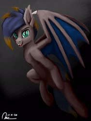 Size: 1536x2048 | Tagged: safe, artist:raphaeldavid, oc, oc only, oc:black night, bat pony, bat pony oc, bat wings, bipedal, ear fluff, fangs, flying, male, multicolored hair, multicolored mane, slit pupils, solo, wings