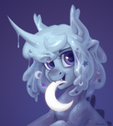 Size: 1800x2000 | Tagged: safe, artist:jewellier, oc, oc only, oc:star moonlight, goo, goo pony, original species, pony, bust, commission, crescent moon, fangs, horn, looking at you, moon, portrait, simple background, solo, tangible heavenly object