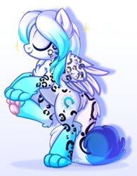 Size: 1943x2496 | Tagged: safe, artist:kannakiller, oc, oc only, oc:cold front, pony, chest fluff, commission, cute, digital art, ear fluff, eyes closed, horseshoes, hybrid oc, leopard print, paw pads, paws, simple background, sketch, snow, snowflake, solo, sparkles, tail, white background, wings, ych result