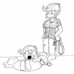 Size: 2282x2291 | Tagged: artist needed, safe, applejack, earth pony, human, pony, equestria girls, g4, angry, applejack is a spankaholic, belt, butt, crying, duo, high res, humanized, lying down, lying on the ground, monochrome, pillow, plot, punishment, simple background, spanked, spanking, tears of pain, traditional art, white background