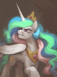 Size: 1133x1508 | Tagged: safe, artist:jewellier, princess celestia, alicorn, pony, g4, angry, digital painting, female, gritted teeth, looking away, mare, raised hoof, solo, teeth