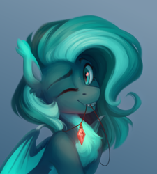 Size: 1800x2000 | Tagged: safe, artist:jewellier, oc, oc:malachite bliss, bat pony, pony, bust, chest fluff, commission, eyelashes, jewelry, looking at you, one eye closed, portrait, simple background, smiling, solo, teeth, wings, wink, winking at you