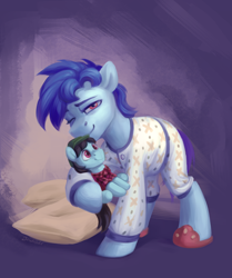 Size: 2170x2600 | Tagged: safe, artist:jewellier, oc, oc:leo hawk, oc:swordy, earth pony, pony, clothes, commission, high res, male, pajamas, pillow, plushie, slippers, solo, stallion, toy
