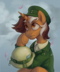Size: 2500x3000 | Tagged: safe, artist:jewellier, oc, oc:wrench ironbolt, pony, unicorn, clothes, cloud, cloudy, commission, helmet, high res, male, military uniform, petals, solo, stallion, thinking, uniform