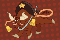 Size: 3082x2062 | Tagged: safe, artist:nonameorous, texas (tfh), bull, them's fightin' herds, beard, bell, bells, brown background, cloven hooves, community related, cowbell, facial hair, hexagon, high res, male, rope, ropes, simple background, smug, texas