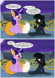 Size: 3089x4306 | Tagged: safe, artist:badumsquish, derpibooru exclusive, twilight sparkle, oc, alicorn, fox, fox pony, hybrid, kitsune, kitsune pony, monster pony, original species, pony, shadow pony, g4, 2 panel comic, balcony, book, comic, cursed, dialogue, duo, egyptian, egyptian pony, evil grin, eyeshadow, female, folded wings, fox ears, fox tail, grin, heart, looking at you, magic, makeup, mare, open mouth, open smile, possessed, possession, red eyes, red eyeshadow, shadow, sharp teeth, show accurate, sitting, smiling, smirk, smug, somnambulan curse, species swap, tail, tail wag, talking, talking to viewer, teeth, telekinesis, this will end in possession, transformation, twi-fox, twilight sparkle (alicorn), twilight's castle, wings, yellow eyes