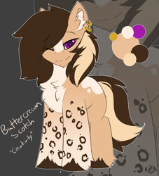 Size: 2495x2742 | Tagged: safe, artist:beardie, oc, oc only, oc:buttercream scotch, earth pony, pony, chest fluff, ear fluff, ear piercing, earring, eyebrows, eyebrows visible through hair, fluffy, high res, jewelry, leopard print, lidded eyes, looking at you, one eye closed, piercing, reference sheet, smiling, solo, unshorn fetlocks, wink, winking at you