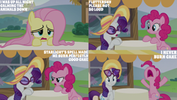 Size: 4400x2475 | Tagged: safe, edit, edited screencap, editor:quoterific, screencap, fluttershy, pinkie pie, rarity, pegasus, pony, unicorn, every little thing she does, g4, angry, eyes closed, female, glasses, hat, implied starlight glimmer, mare, nose in the air, open mouth, tired, tired eyes, tired pie