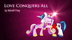 Size: 1920x1080 | Tagged: safe, artist:melodicpony, princess cadance, shining armor, alicorn, pony, unicorn, 2012, absurd file size, album cover, animated, brony music, female, hug, link in description, love conquers all, male, mare, melodicpony, music, nostalgia, old art, shiningcadance, shipping, sound, sound only, stallion, straight, webm, youtube, youtube link, youtube video