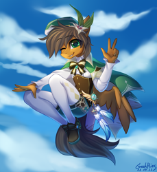 Size: 3200x3500 | Tagged: safe, artist:gicme, oc, oc only, unnamed oc, pegasus, anthro, anthro oc, clothes, cloud, cosplay, costume, eye clipping through hair, eyebrows, eyebrows visible through hair, genshin impact, grin, high res, looking at you, one eye closed, peace sign, pegasus oc, signature, sky, smiling, smiling at you, solo, venti (genshin impact), wink, winking at you
