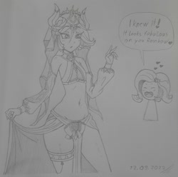 Size: 2250x2231 | Tagged: safe, artist:katanis, rainbow dash, rarity, human, equestria girls, g4, chibi, clothes, cosplay, costume, cute, female, genshin impact, high res, monochrome, nilou (genshin impact), partial nudity, sketch, solo, speech bubble, text, traditional art