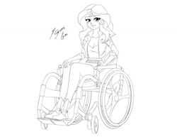 Size: 1280x989 | Tagged: safe, artist:shinta-girl, sunset shimmer, human, equestria girls, g4, lineart, paraplegic, signature, simple background, sitting, solo, wheelchair, white background