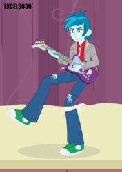Size: 661x935 | Tagged: safe, artist:excelso36, part of a set, thunderbass, human, equestria girls, g4, canterlot high, clothes, converse, electric guitar, guitar, male, musical instrument, necktie, shoes, stage