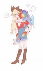 Size: 1260x2058 | Tagged: safe, artist:wan20070518, applejack, rainbow dash, human, g4, boots, carrying, clothes, female, humanized, lesbian, rainbow socks, ship:appledash, shipping, shirt, shoes, shorts, simple background, skirt, socks, striped socks, white background, winged humanization, wings