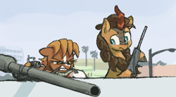 Size: 497x274 | Tagged: safe, artist:plunger, pumpkin smoke, earth pony, kirin, pony, g4, cloven hooves, confused, drawthread, female, glare, gun, male, mare, mouth hold, ponified, recoilless rifle, rifle, sergeant reckless, tree, warpone, weapon