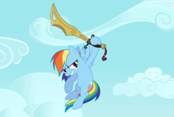 Size: 1100x737 | Tagged: safe, artist:swiftgaiathebrony, rainbow dash, pegasus, pony, g4, cloud, female, mare, object, sky, solo, sword, sword of the storm, weapon, wind, xiaolin showdown