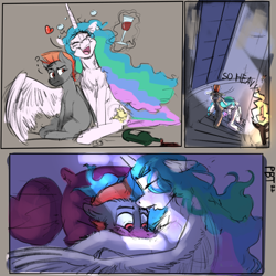 Size: 5000x5000 | Tagged: safe, artist:ponybrotoons, princess celestia, oc, oc:silver meteor, alicorn, pegasus, pony, g4, alcohol, bed, blushing, carrying, chest fluff, comic, dialogue, drunk, drunklestia, eyes closed, floppy ears, fluffy, happy, heart, hug, open mouth, open smile, pillow, sleeping, smiling, stairs, wide eyes, wine, winghug, wings