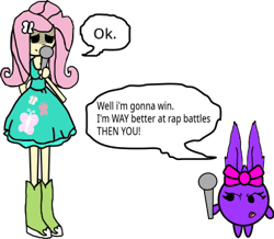 Size: 379x330 | Tagged: safe, artist:wonderwolf51, fluttershy, human, equestria girls, g4, crossover, disney, disney junior, duo, flutterchan, friday night funkin', iris (sunny bunnies), microphone, rap battle afoot, simple background, speech bubble, sunny bunnies (series), transparent background