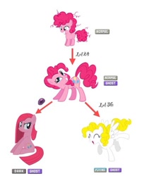 Size: 500x622 | Tagged: safe, pinkie pie, surprise, earth pony, pegasus, pony, g4, dusk stone, evolution, evolution chart, evolutionary stone, eyes closed, female, filly, filly pinkie pie, foal, mare, numbers, pinkamena diane pie, pokémon, ponymon, simple background, sitting, smiling, spread wings, text, unamused, white background, wings, younger