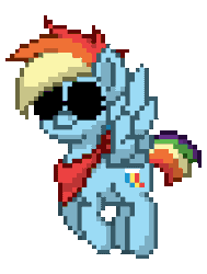Size: 688x912 | Tagged: safe, artist:twilyisbestpone, derpibooru exclusive, rainbow dash, pegasus, pony, pony town, g4, alternate hairstyle, animated, cool, female, flying, gif, handkerchief, mare, pixel art, simple background, smiling, solo, spread wings, sunglasses, swag, transparent background, wings