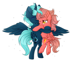 Size: 3500x3000 | Tagged: safe, artist:chromatic-sheen, oc, oc only, oc:fast fire, oc:fizz, alicorn, pegasus, pony, alicorn oc, duo, female, high res, horn, hug, mare, pegasus oc, simple background, spread wings, transparent background, wings