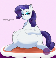 Size: 2000x2100 | Tagged: safe, artist:diamondgreenanimat0, rarity, pony, unicorn, g4, belly, belly button, big belly, blue eyes, commission, female, high res, hyper, hyper belly, hyper pregnancy, impossibly large belly, lidded eyes, looking at you, mare, outie belly button, preggity, pregnant, purple hair, simple background, smiling, solo, tail