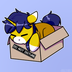 Size: 2894x2894 | Tagged: safe, artist:jellysketch, oc, oc only, oc:seigwestwood, pony, unicorn, box, commission, eyes closed, high res, pony in a box, simple background, sleeping, solo, ych result