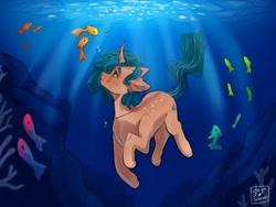 Size: 1200x900 | Tagged: safe, artist:jaynsparkle, oc, oc only, oc:depth chaser, fish, pony, unicorn, blue mane, bubble, commission, coral, crepuscular rays, curved horn, digital art, flowing tail, horn, jewelry, lidded eyes, looking up, necklace, ocean, shark tooth necklace, signature, smiling, solo, sunlight, swimming, tail, underwater, water