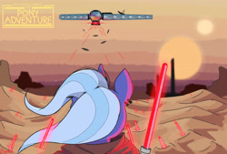 Size: 5298x3574 | Tagged: safe, artist:elissette_anne, trixie, changeling, pony, unicorn, g4, desert, laser beams, lightsaber, parody, solo, star wars, sunset, two suns, weapon