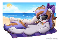 Size: 4177x2840 | Tagged: safe, artist:madelinne, oc, oc only, oc:breezy, earth pony, pony, bow, chest fluff, clothes, collar, fluffy, hair bow, solo, sunglasses